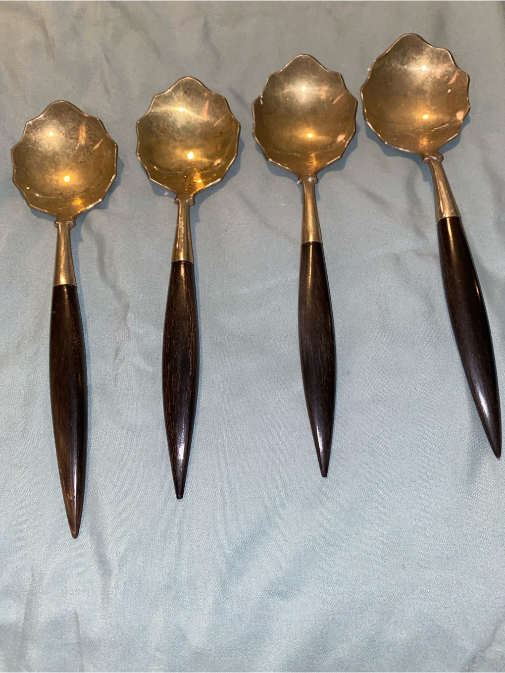Vintage rare Polished Gold-Tone Serving Spoons with Dark Wood Handles - Set of 4